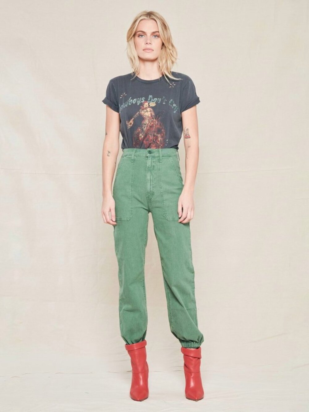 MOTHER The Wrapper Patch Springy Ankle Army Green Utility Balloon Jeans, Size 25